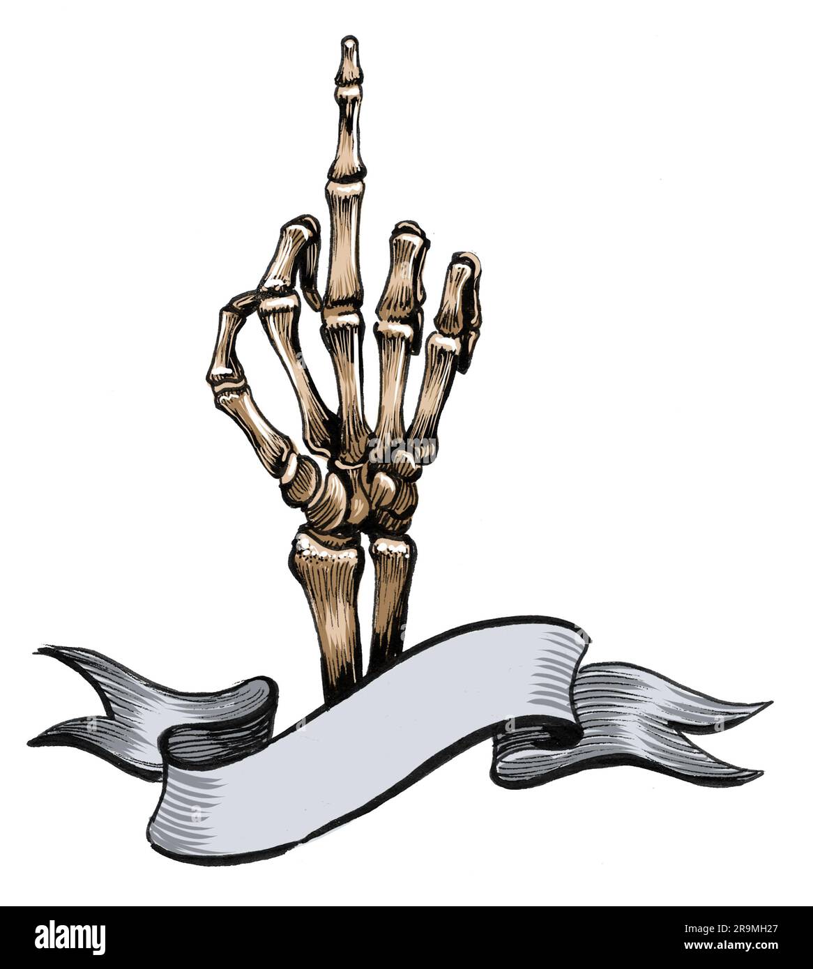 Skeleton hand showing middle finger. Hand drawn ink on paper and hand colored on tablet Stock Photo
