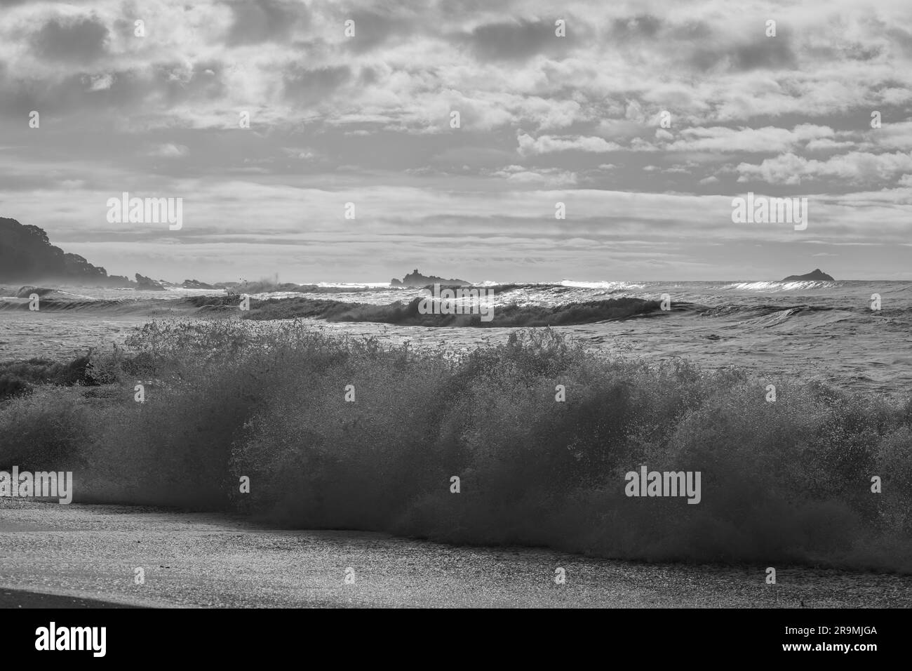 Stormy sea and surf on Mount Maunganui Main Beach, Tauranga New Zealand