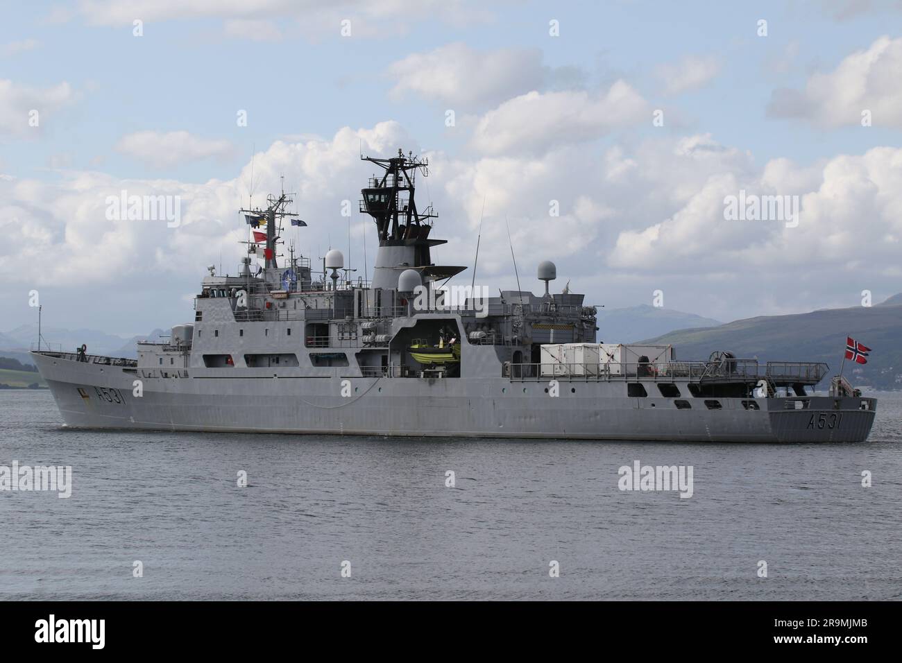 KNM Nordkapp (A531), a Nordkapp-class vessel operated by the Royal Norwegian Navy, passing Greenock on the Firth of Clyde. The vessel is participating in Exercise Sea Breeze 23-1 (named Alba Breeze in recognition of the temporary host nation), a multi-national military exercise being held this year in Scotland, instead of the usual host nation of Ukraine. This vessel had previously served with the Norwegian Coastguard as NoCGV Nordkapp (W320) as an offshore patrol vessel, until she was transferred to the navy in November 2022, where she now serves with the 1st Mine Clearing Squadron. Stock Photo