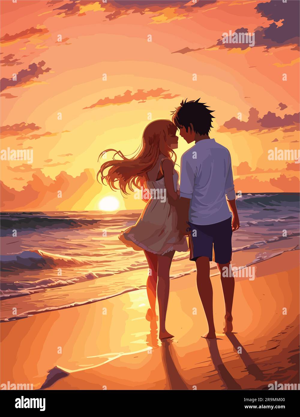 Vector Art Of Lovely Young Boy And Girl Couple Walking On A Beach In Evening In Sunset Stock 0060