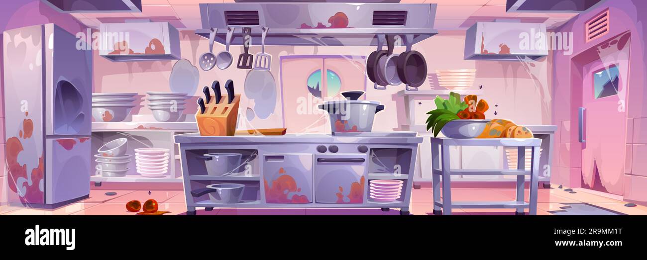 Abandoned messy kitchen restaurant interior vector illustration
