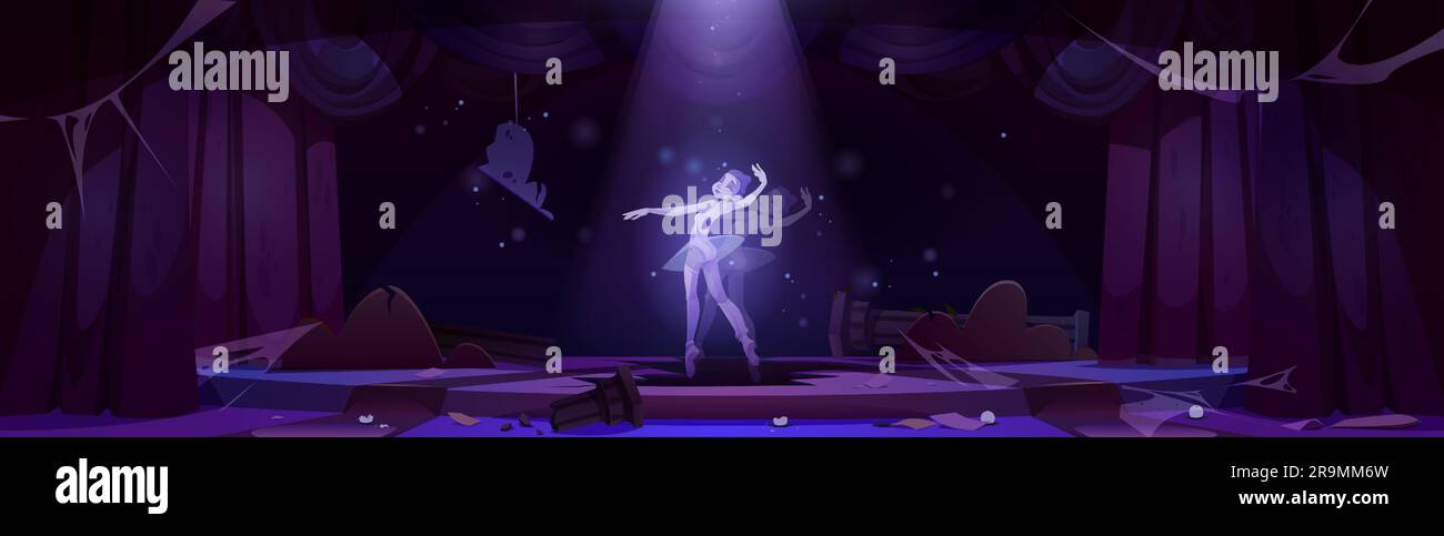 Abandoned theatre ballet stage and ballerina ghost performance background. Theater curtain with spotlight on dead girl dance scene illustration. Broken and messy dancing hall interior with spider web Stock Vector