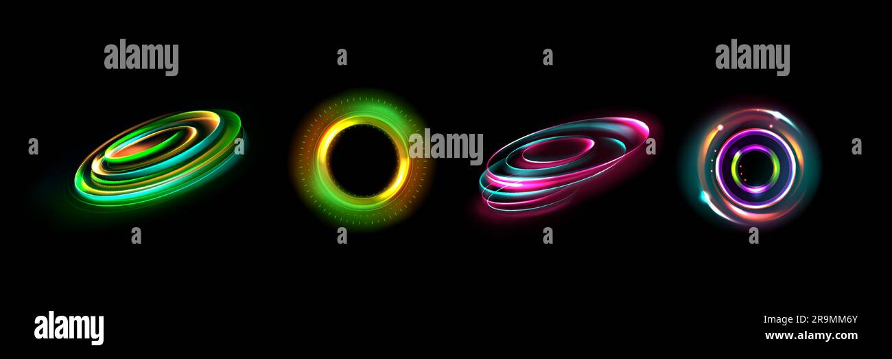 Neon optical halo flares with light glow vector effect. Circle energy flare glow abstract frame with 3d shine. Digital fantasy portal swirl shape illustration. Beautiful pink sphere twist element Stock Vector