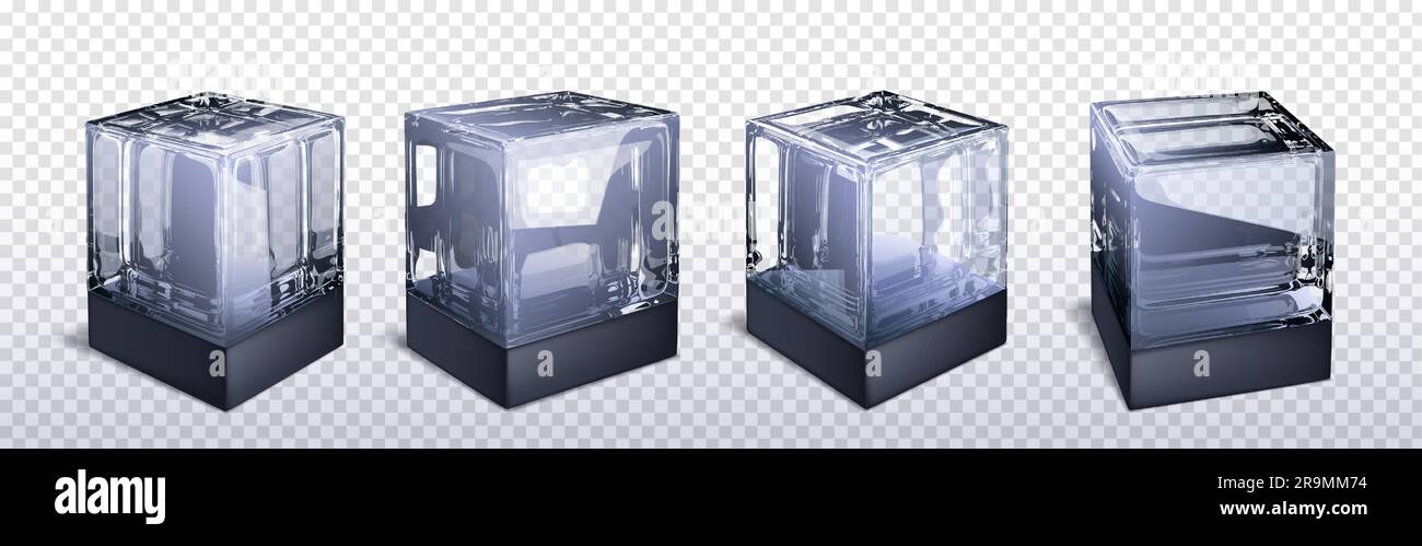 3d glass cube box vector isolated on transparent background. Crear black and white realistic geometric block with reflection. Glossy acrylic object design polygon set. Glassy futuristic art icon Stock Vector