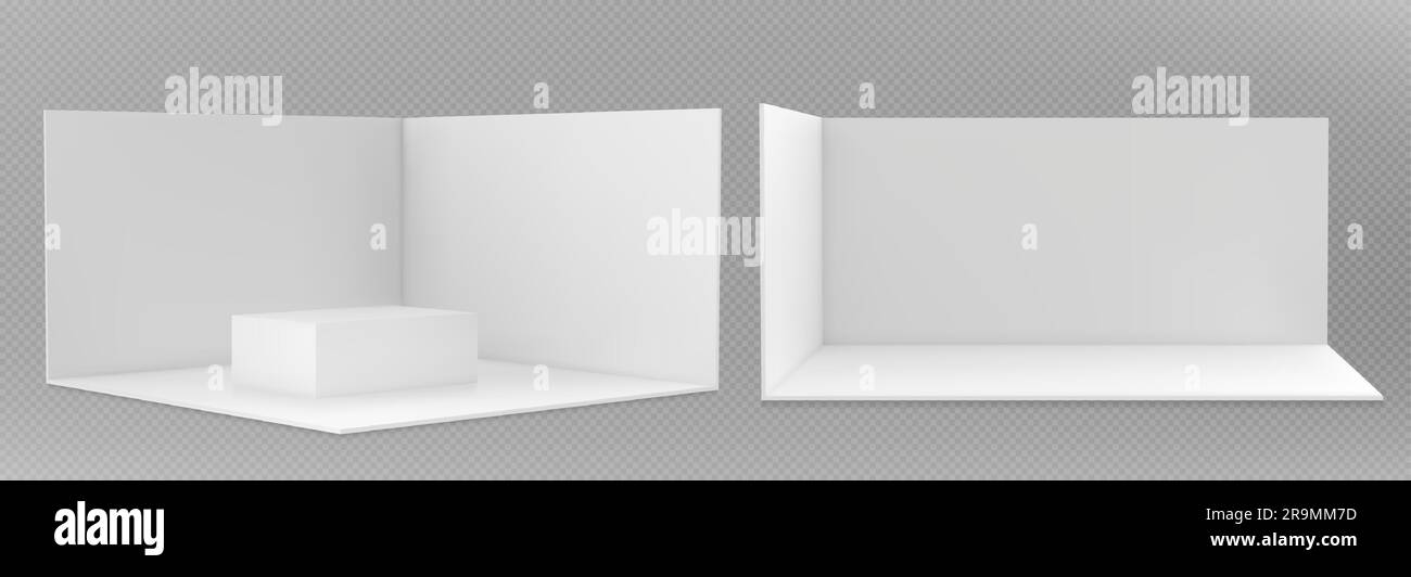 3d booth stand for trade show. Blank room mockup with white walls, floor and table in front and corner view. Empty presentation stall for exhibition, vector realistic set Stock Vector