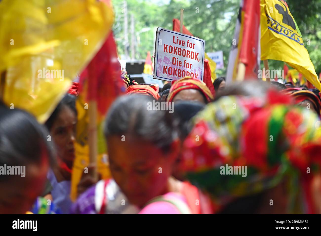 The members of the women''s wings of ' 'TIPRA Motha'', in a massive  demonstration called, Raj Bhavan Abhiyan, demanded the adoption of the  Roman script for Kokborok language, at Agartala. Tripura, India