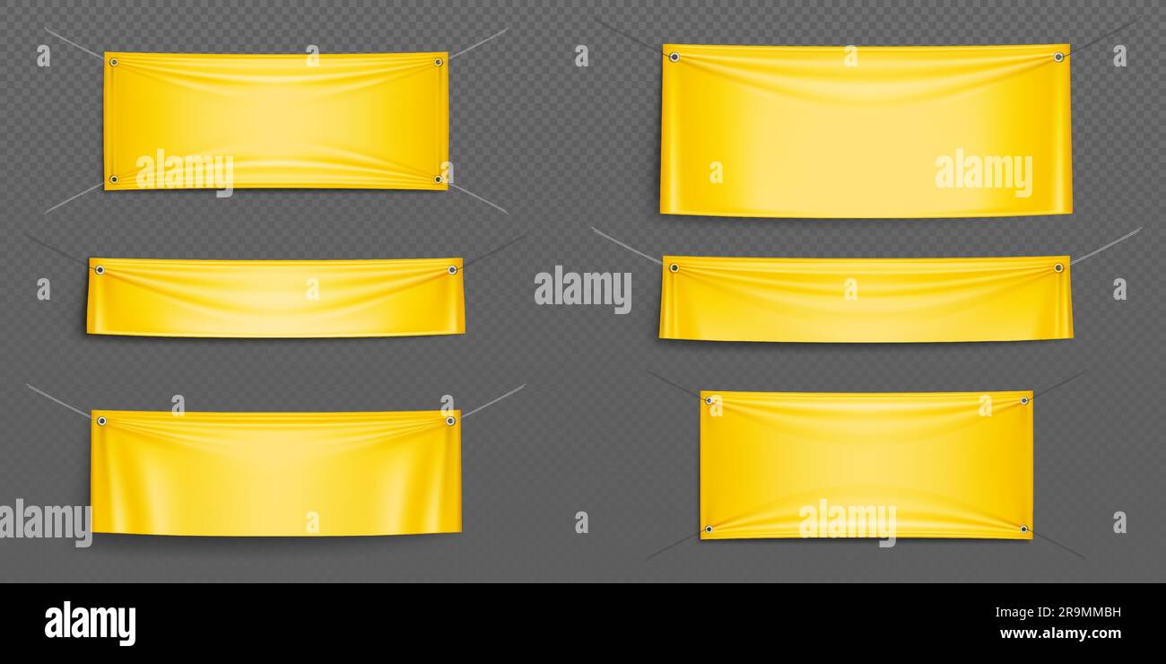 Blank yellow canvas banners mockup. Horizontal fabric flags, textile sheet hanging on ropes