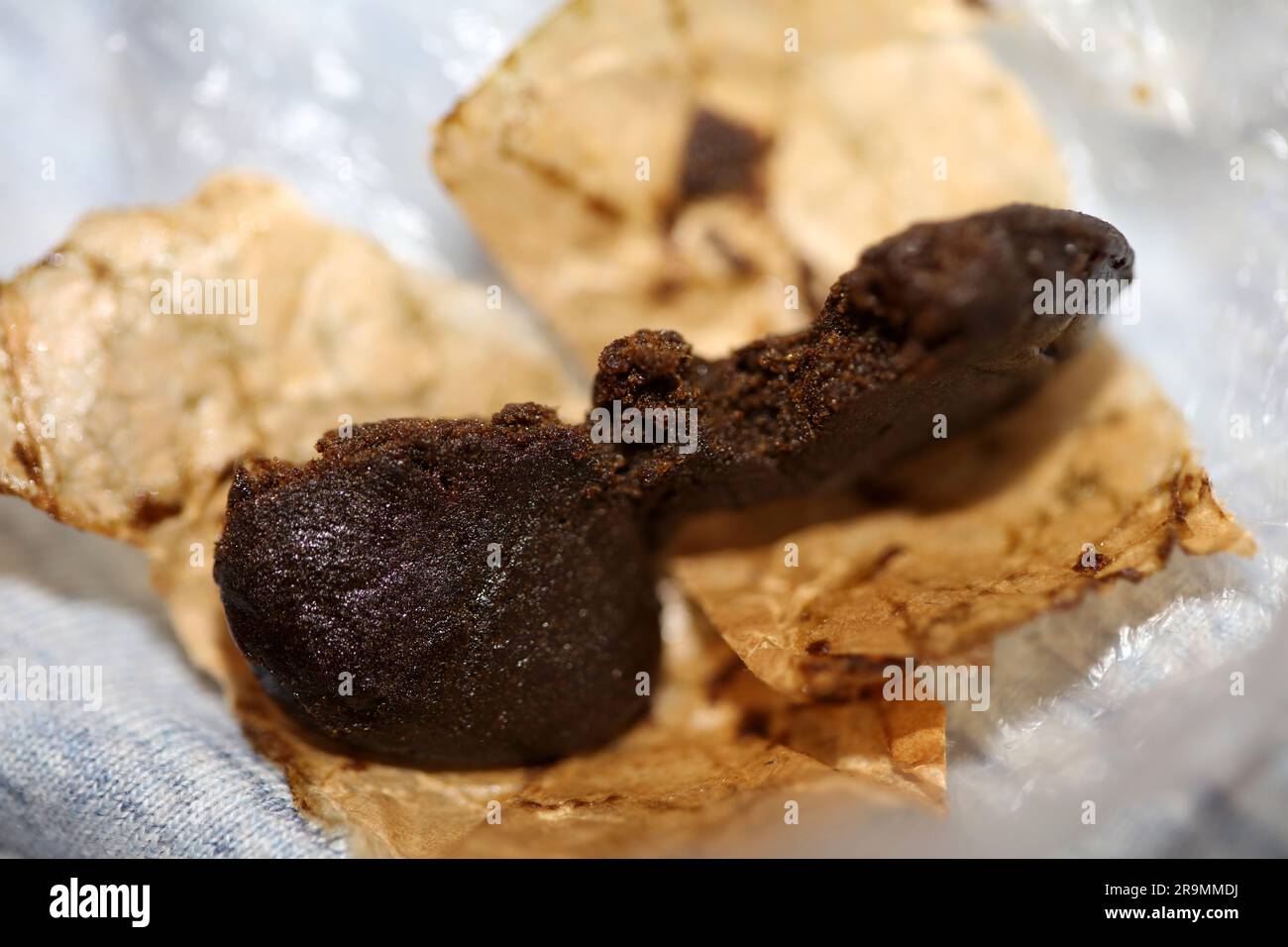 Detail of medical marijuana nepalese high thc brown charas close up bio cannabis resin hashish in Nepal extraction dry hash pollen big size amazing qu Stock Photo