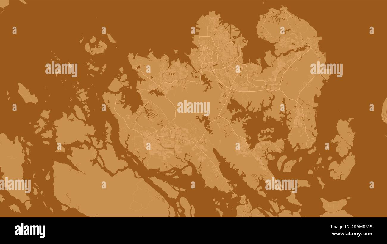 Background Batam map, Indonesia, orange city poster. Vector map with roads and water. Widescreen proportion, digital flat design roadmap. Stock Vector