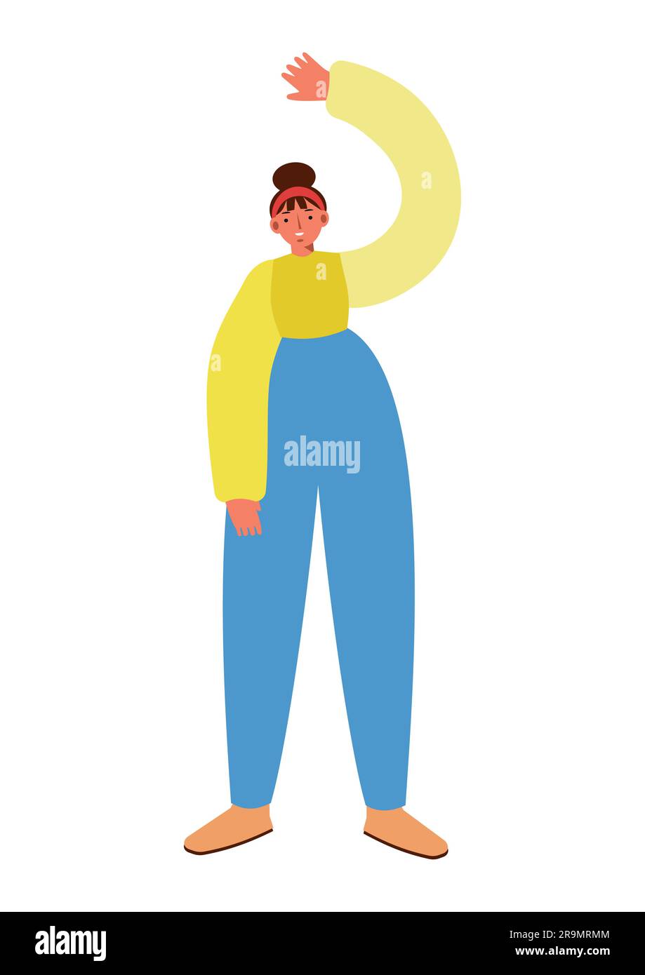 Woman greets by waving her hand, standing pose. Female is wearing pants and long-sleeve jacket. Distorted proportions style, isolated vector illustrat Stock Vector