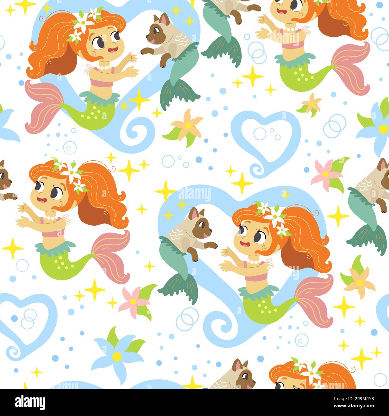 Seamless childish pattern with cute happy mermaid and her cat. Vector ...