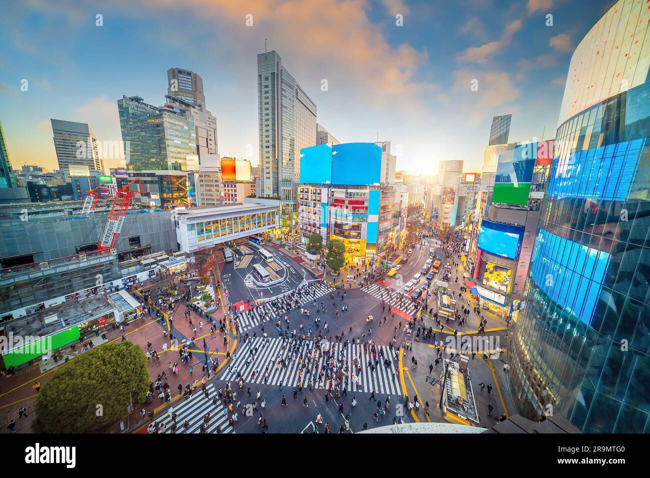 Top view of Shibuya Crossing at twilight in Tokyo, Japan Stock Photo