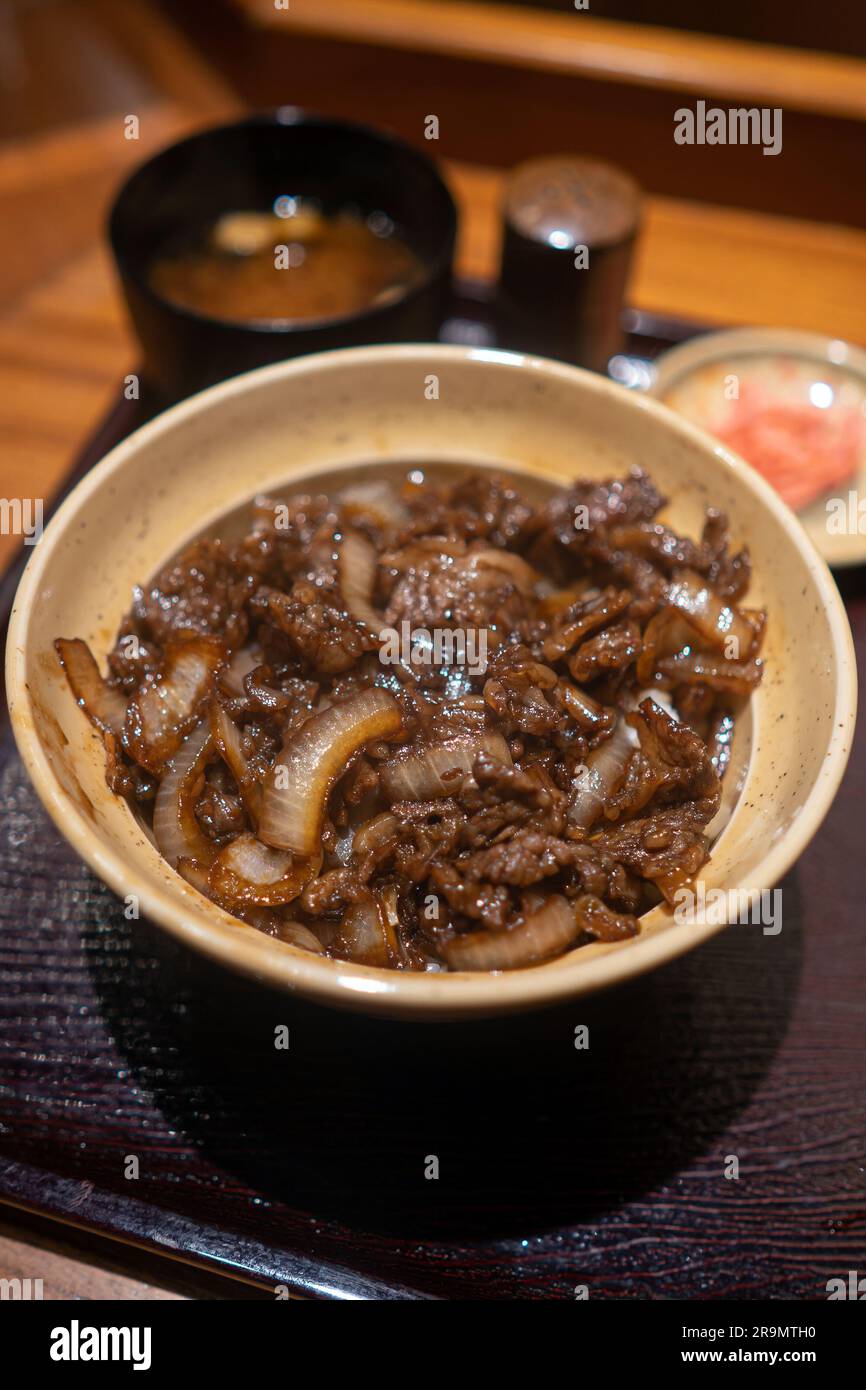 Japanese Meal Tray With Rice, Soup And Sauteed Beef With Salad Stock Photo,  Picture and Royalty Free Image. Image 77036765.