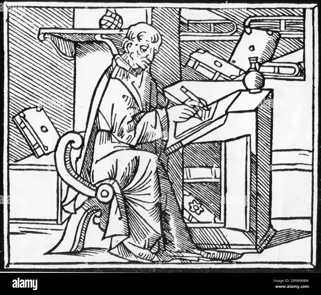 writing, scholar at the writing desk, woodcut, 15th century, ADDITIONAL-RIGHTS-CLEARANCE-INFO-NOT-AVAILABLE Stock Photo