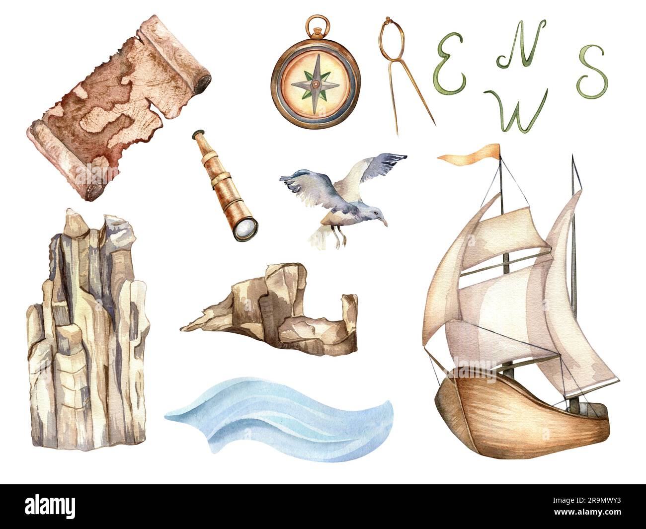 Watercolor Pirate Set Isolated on White. Hand Draw Illustration