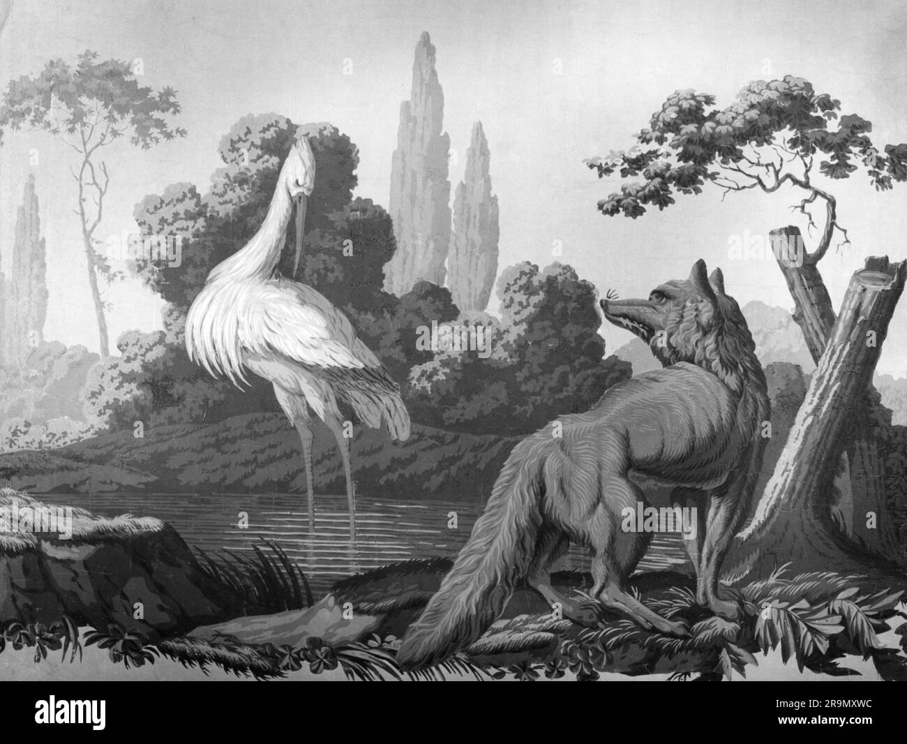 literature, tale, 'The Wolf and the Stork', by Jean de la Fontaine (1631 - 1695), wall decoration, ADDITIONAL-RIGHTS-CLEARANCE-INFO-NOT-AVAILABLE Stock Photo