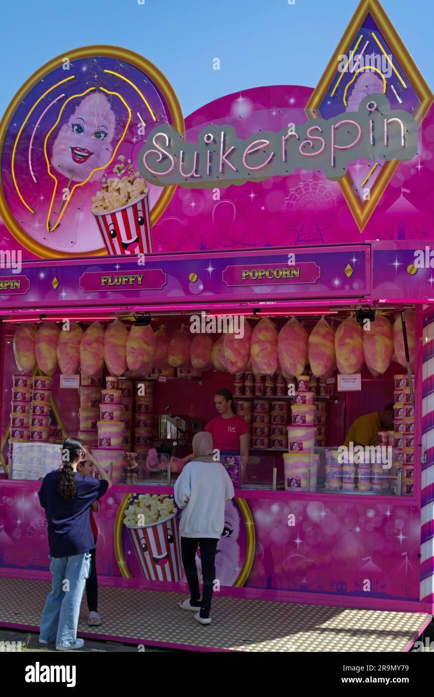 Arnhem, Netherlands May 13, 2023 Pink candyfloss stand with some