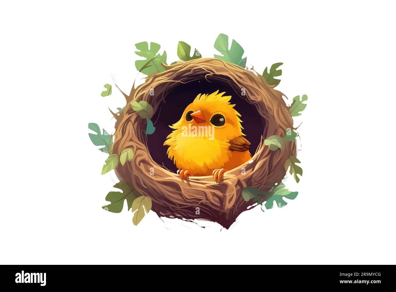 bird sits in a cute nest in autumn on a white background Stock Vector