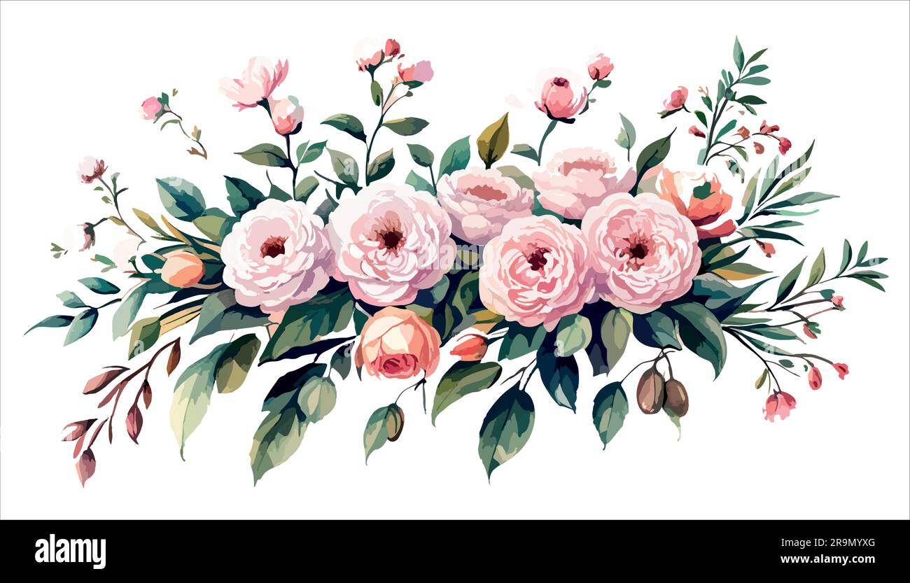 Watercolor floral bouquet composition with pink roses and green leaves ...