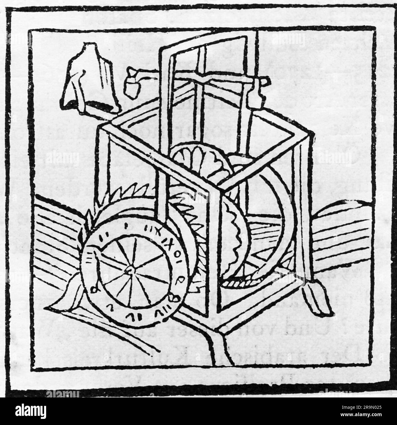clock, escape wheel / wheel clocks, oldest known image of a clock with 'Wag', woodcut, ADDITIONAL-RIGHTS-CLEARANCE-INFO-NOT-AVAILABLE Stock Photo