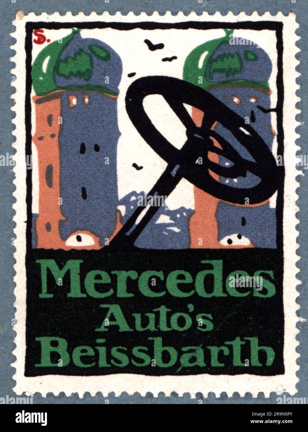 advertising, cars, Mercedes, car dealer Beissbart, Munich, poster stamp