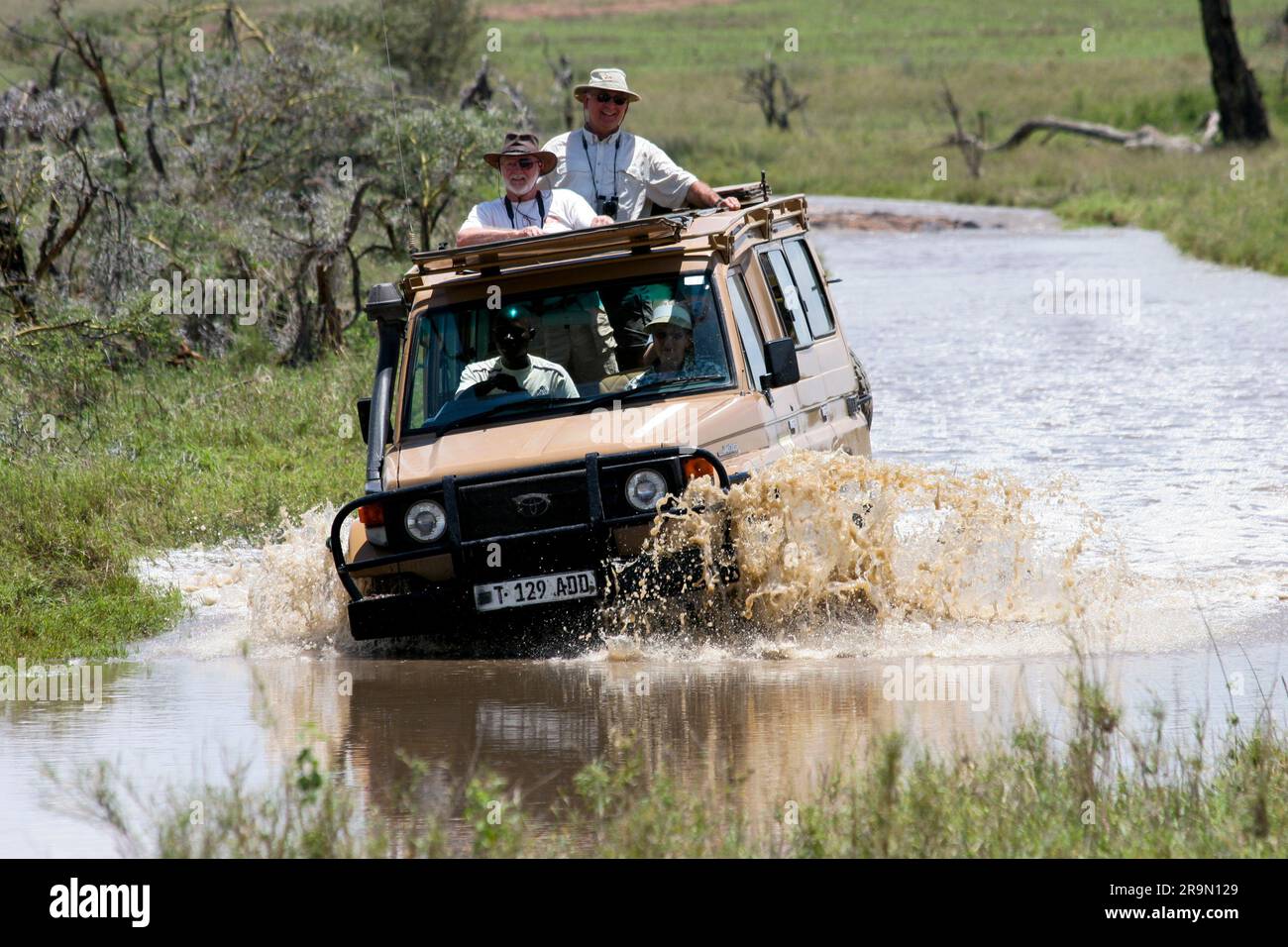 Africa, Tanzania, Serengeti National Park, Safari tourists in an open top land rover crossing a water barrier Stock Photo
