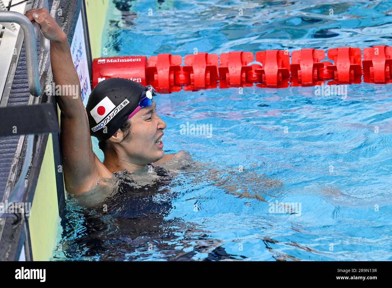 Miki Takahashi of Japan reacts after compete in the 100m Backstroke Women Heats during the 59th Settecolli swimming meeting at stadio del Nuoto in Rom Stock Photo