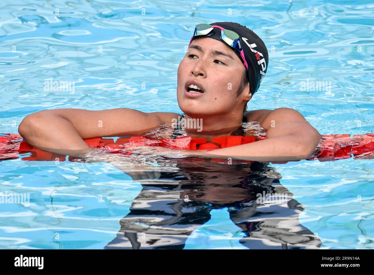 Miki Takahashi of Japan reacts after compete in the 100m Backstroke Women Heats during the 59th Settecolli swimming meeting at stadio del Nuoto in Rom Stock Photo