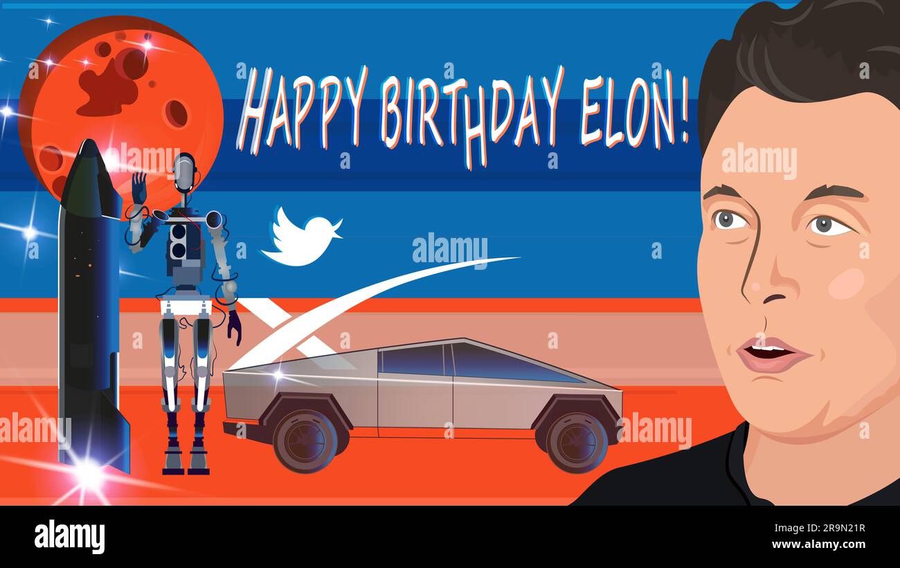 Happy birthday Elon. Elon Musk portrait, Tesla Bot, Twitter logo, Tesla