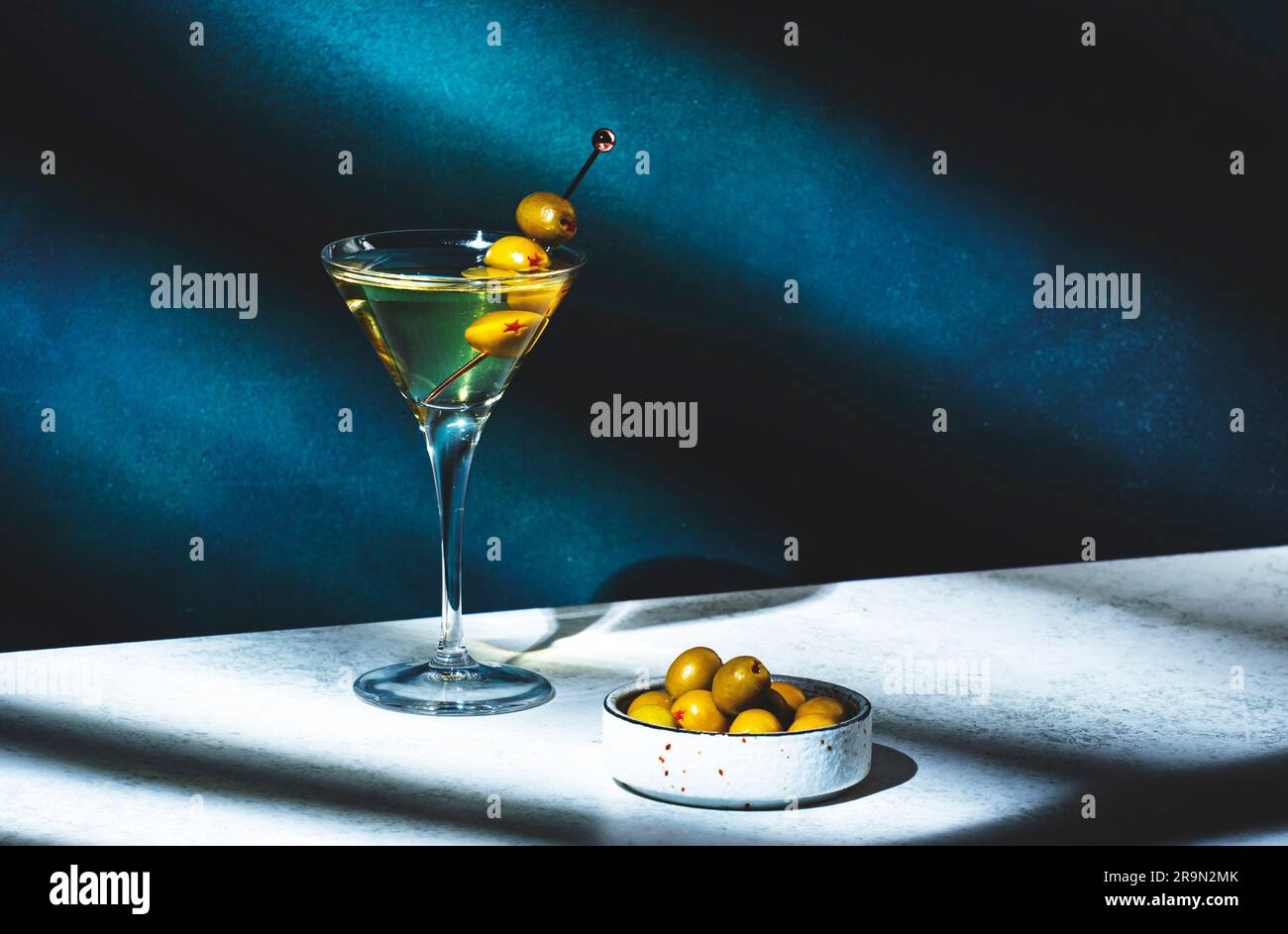 Vodka martini with olives, alcoholic cocktail drink with vodka and