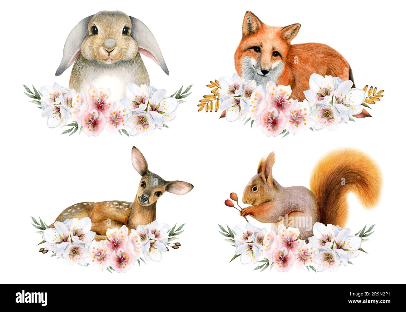 Cute forest animals in pink flowers wreath watercolor illustration set. Woodland fox, bunny rabbit, squirrel baby deer Stock Photo