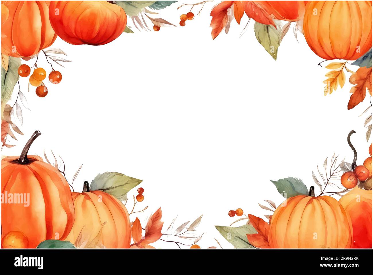 watercolor autumn frame with pumpkins and vines, leaves and place for ...