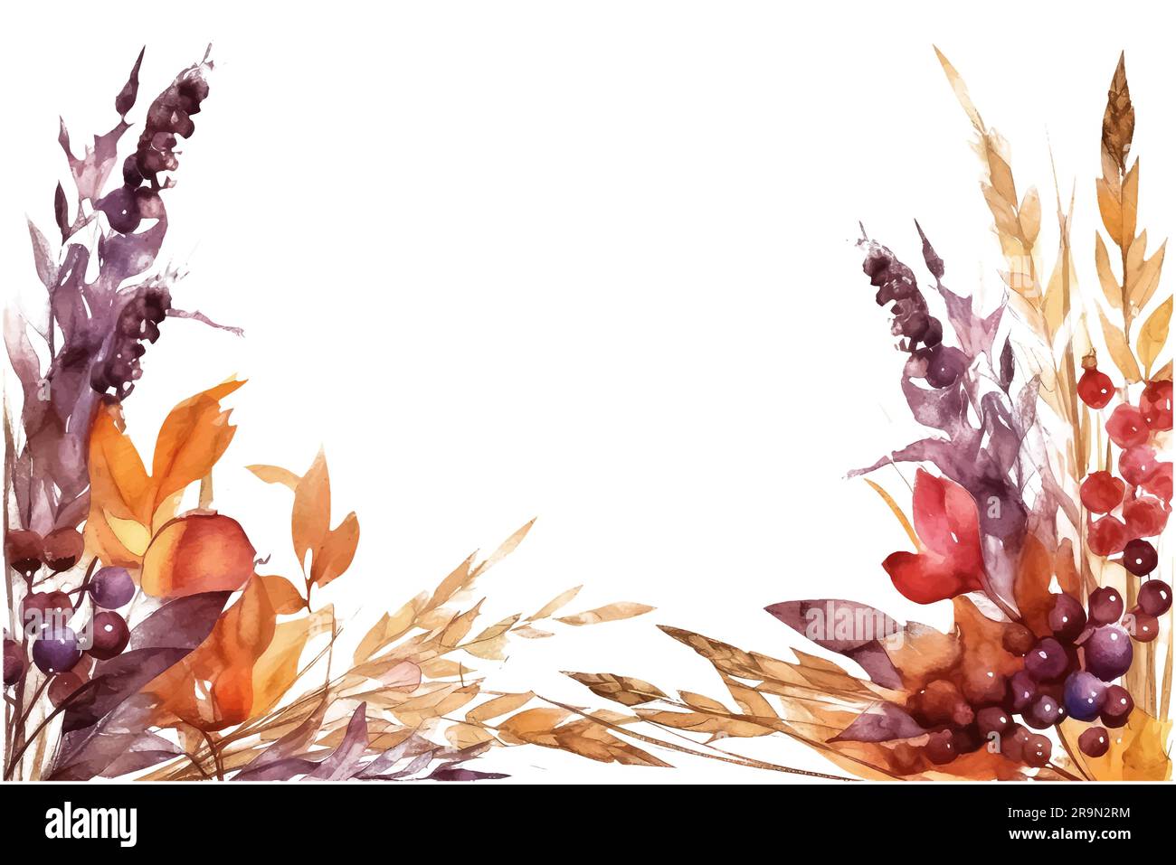 Autumn watercolor beautiful fall frame with acorns, oak branches and ...