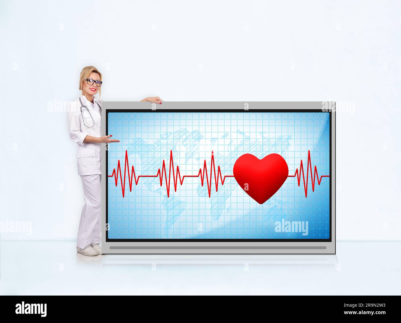 woman doctor with stethoscope showing pulse rate on tv screen Stock