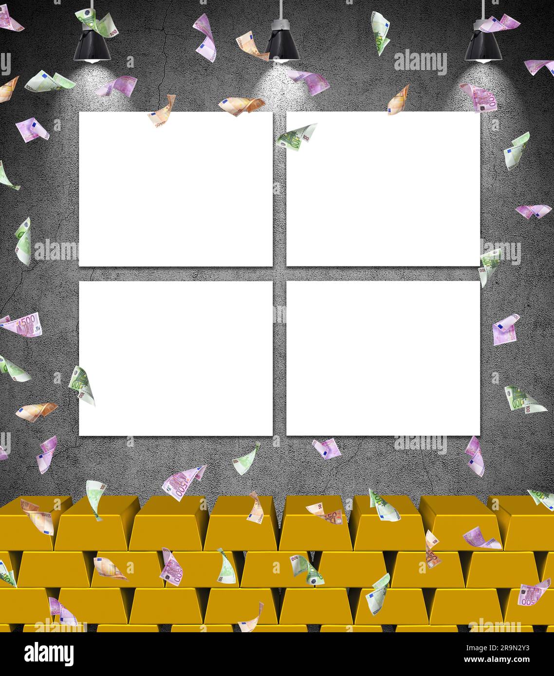 Four Blank Poster On Wall Falling Euro Bills And Gold Bullions 3D Four blank poster on wall falling euro bills and gold bullions 3d