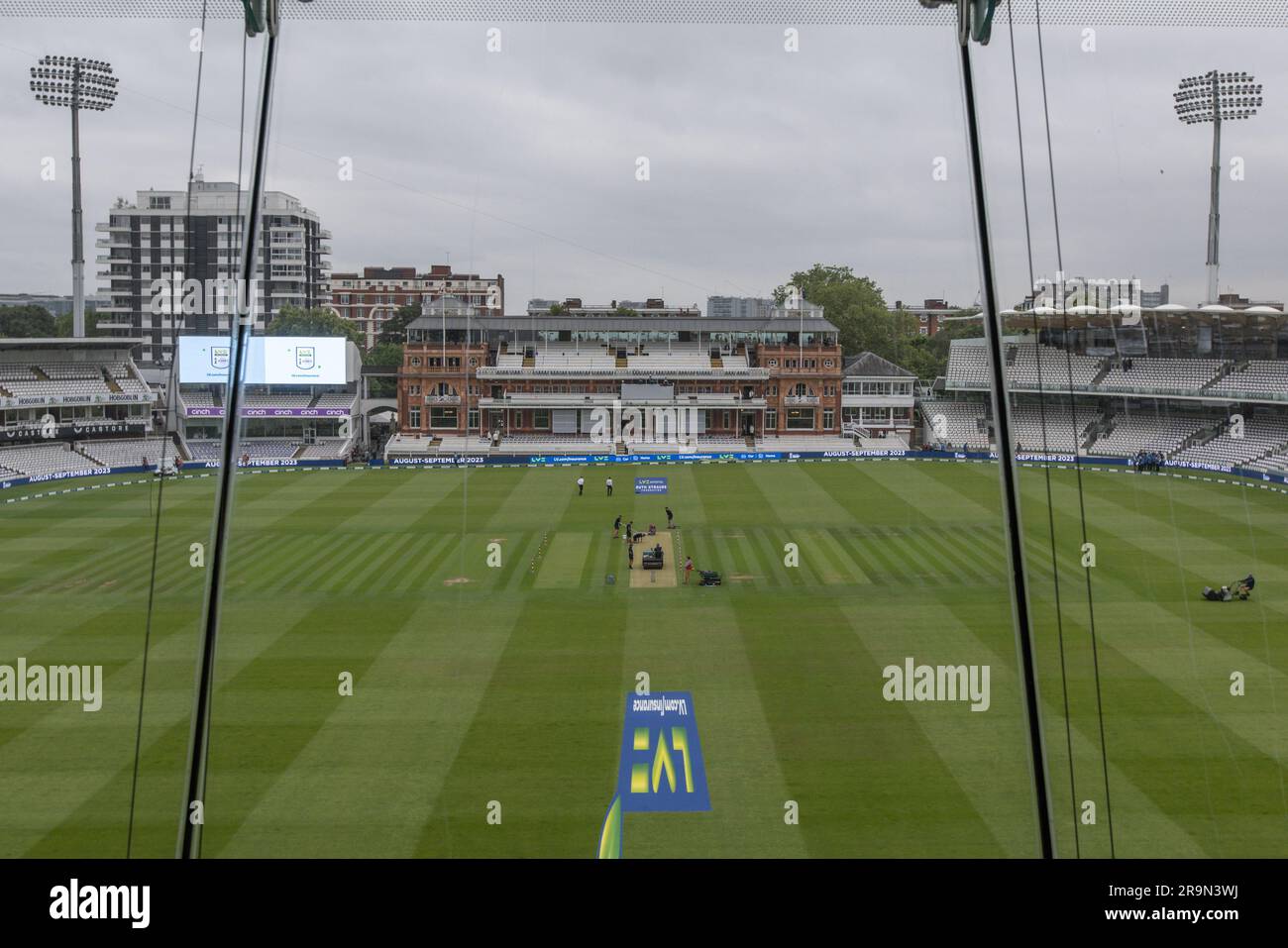 A general view of Lords from the J.P. Morgan Media Centre during the LV= Insurance Ashes Second Test Series Day 1 England v Australia at Lords, London, United Kingdom, 28th June 2023  (Photo by Mark Cosgrove/News Images) Stock Photo