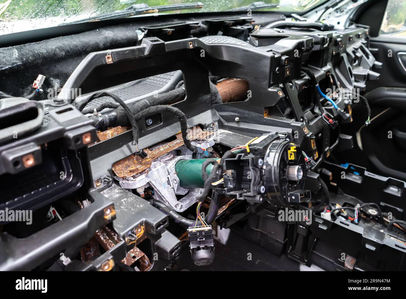 car interior without dashboard, repair after an accident Stock Photo