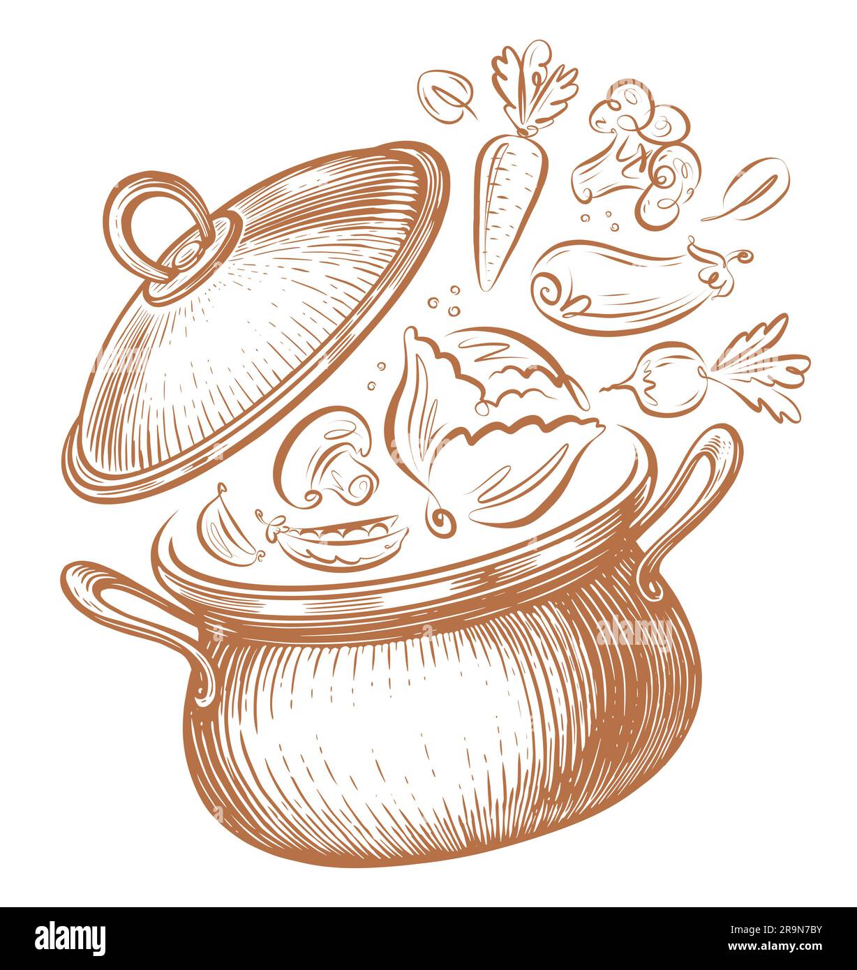 Pot with fresh vegetables, saucepan with open lid. Healthy eating