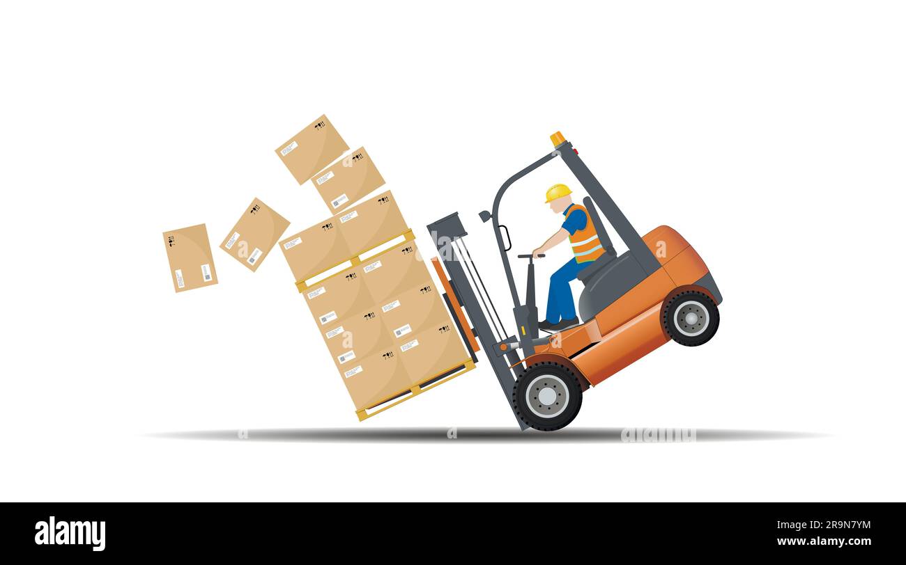 Dangers when working with a forklift. Observe the permitted load capacity. Industrial safety and labor protection. Stock Vector