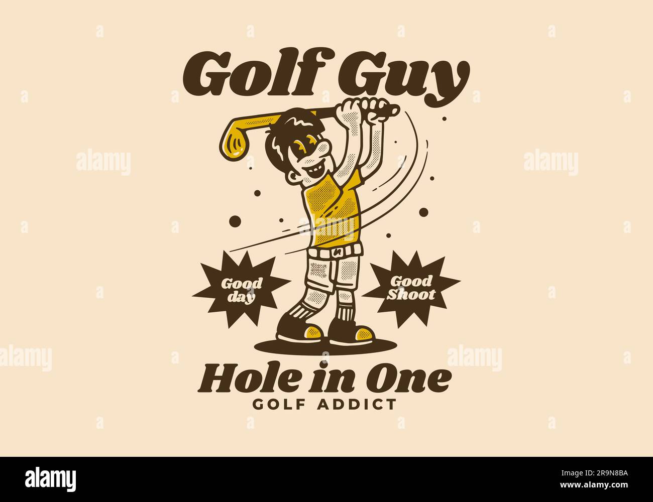Mascot character design of a guy holding a golf stick, in vintage style