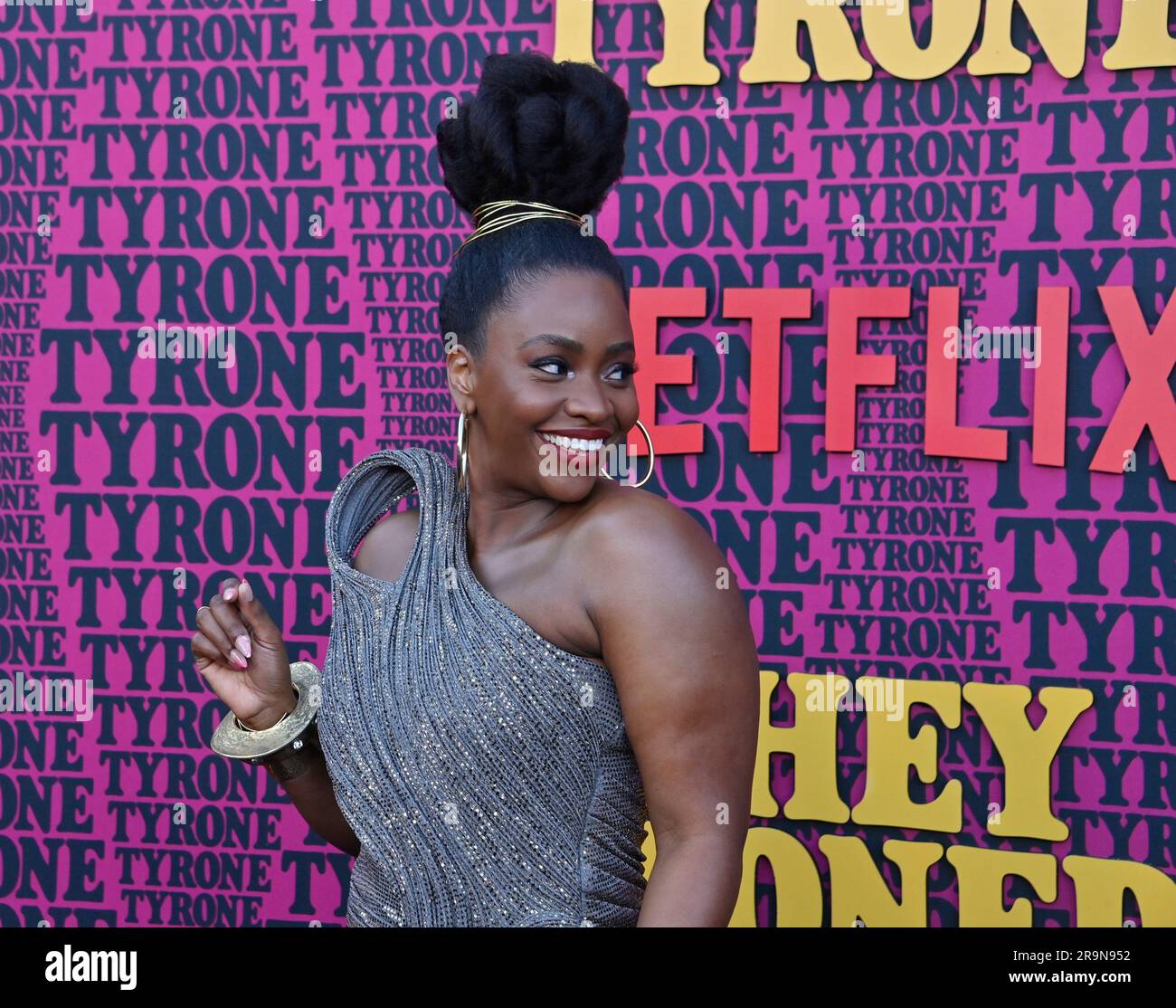 Los Angeles, United States. 27th June, 2023. Cast member Teyonah Parris attends the premiere of the sci-fi comedy thriller 'They Cloned Tyrone' at Hollywood Post 43 - American Legion in Los Angeles on Tuesday, June 27, 2023. Storyline: A pulpy, sci-fi mystery caper in which an unlikely trio investigates a series of eerie events, alerting them to a nefarious conspiracy lurking directly beneath their hood. Photo by Jim Ruymen/UPI Credit: UPI/Alamy Live News Stock Photo