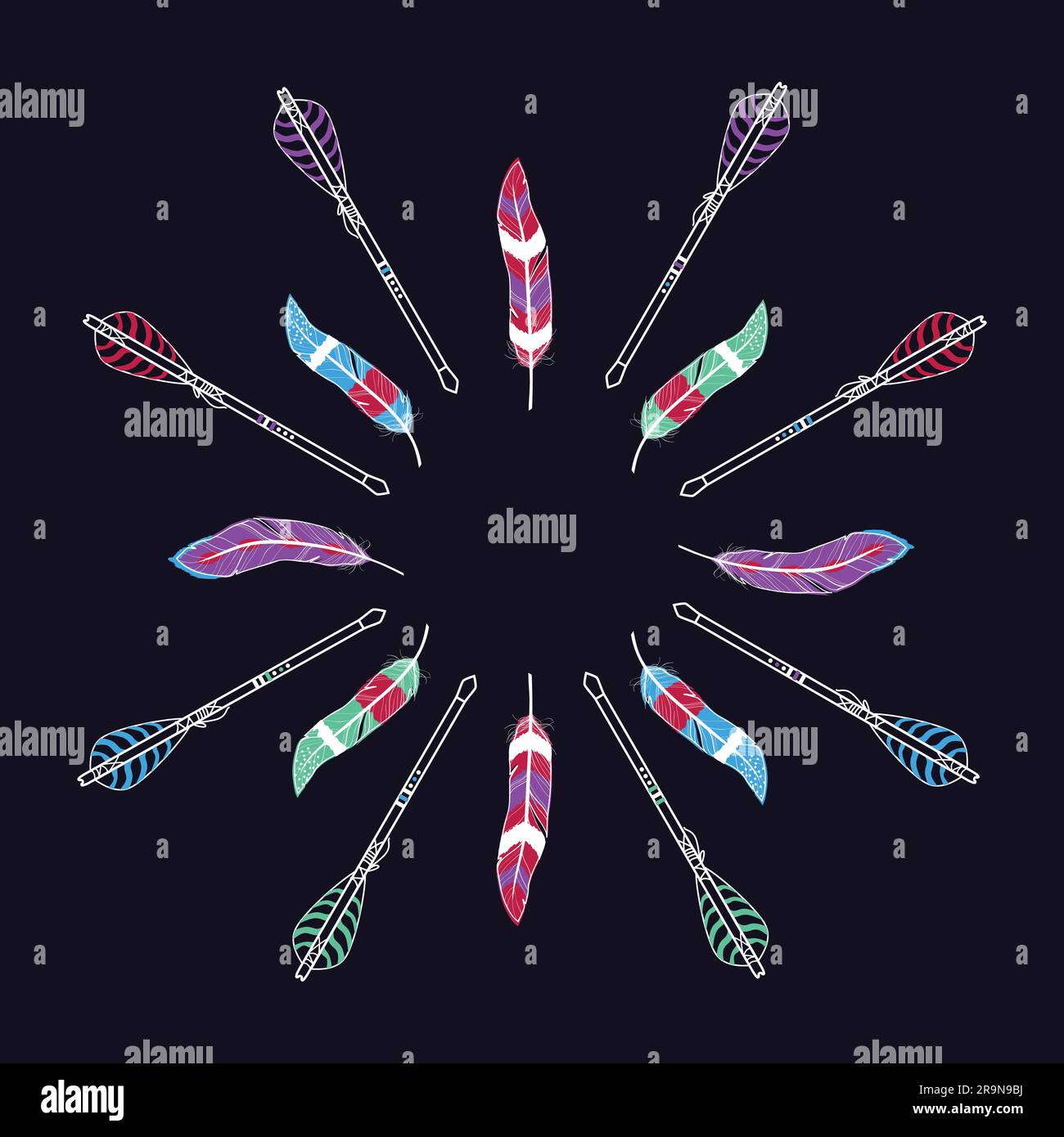 Vector ethnic illustration with frame made of feathers and arrows in ...