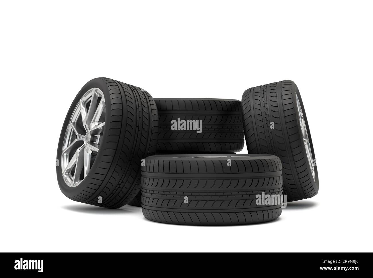 Aluminum wheel car tires on white background ,3D illustration Stock