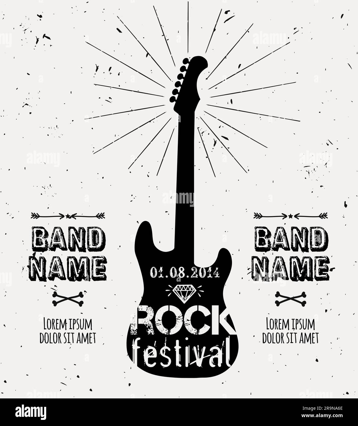 Vector vintage guitar label with sunburst, diamond and typography