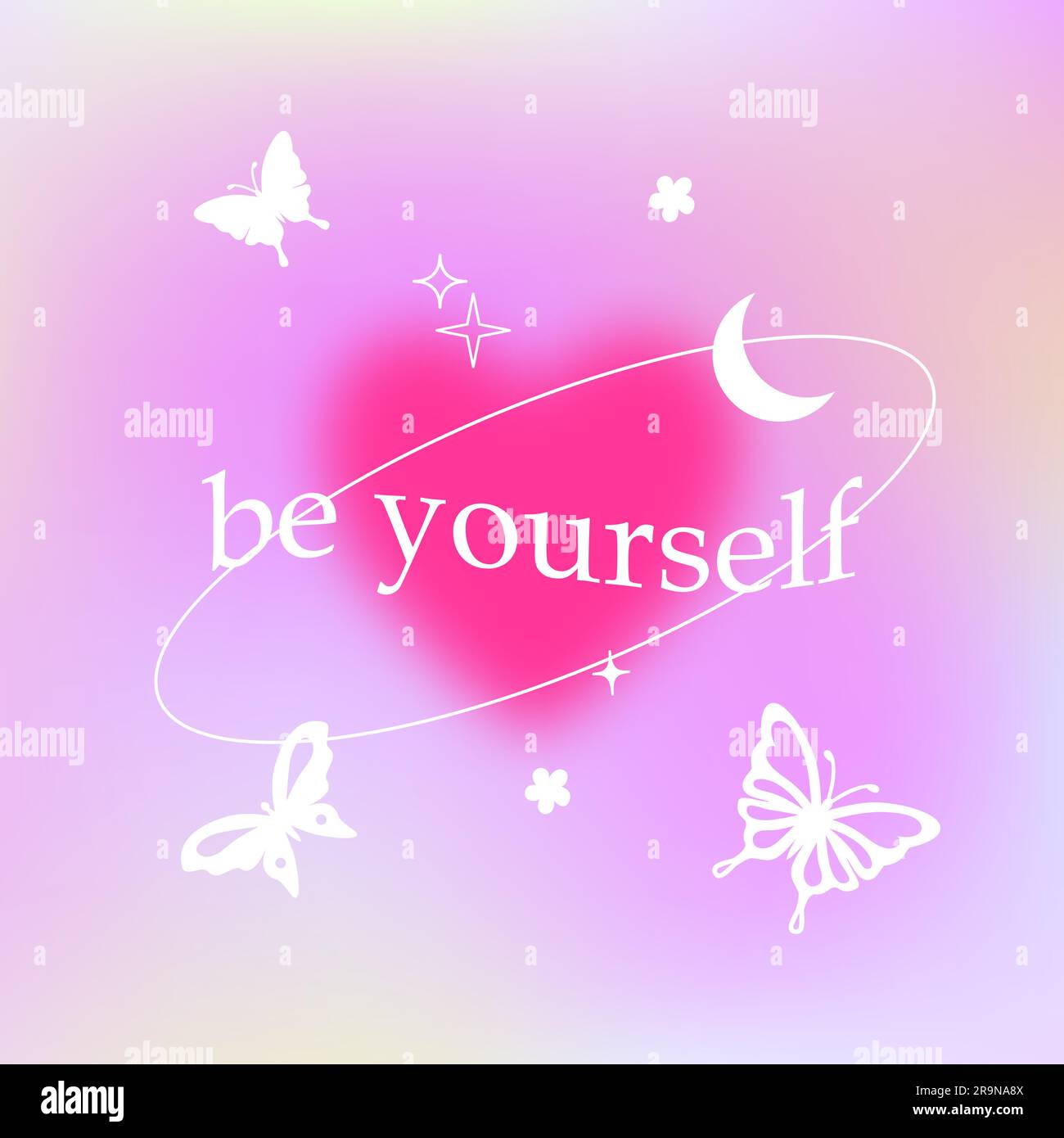 Vector illustration with trendy gradient background with butterflies and stars. Modern vibrant postcards for fashion advertising, social media with mo Stock Vector