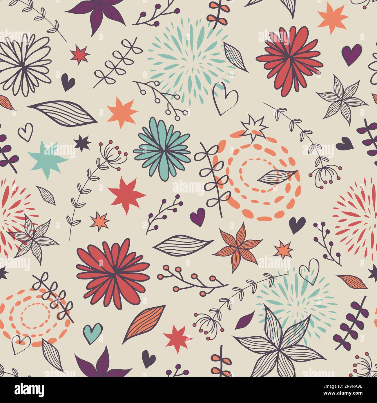 Vector cute seamless floral pattern with flowers, leaves, hearts. Can ...