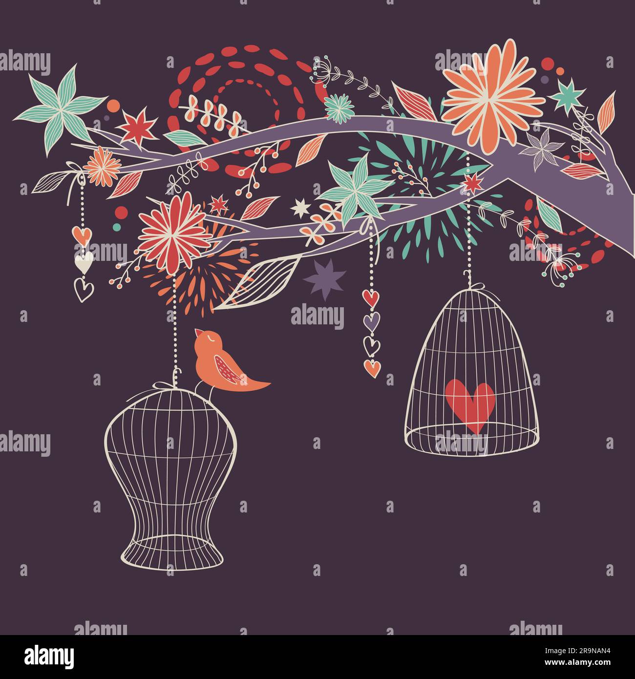 Vector romantic illustration with bird out of cages, branch and flowers
