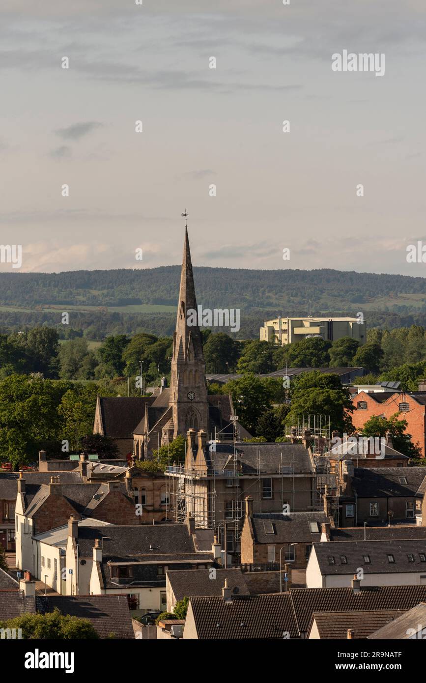 Invergordon, Scotland, UK.  3 June 2023.  The spire of  The Church of Scotland towers above the small coastal town of Ivergordon gateway to The Highlands. Stock Photo