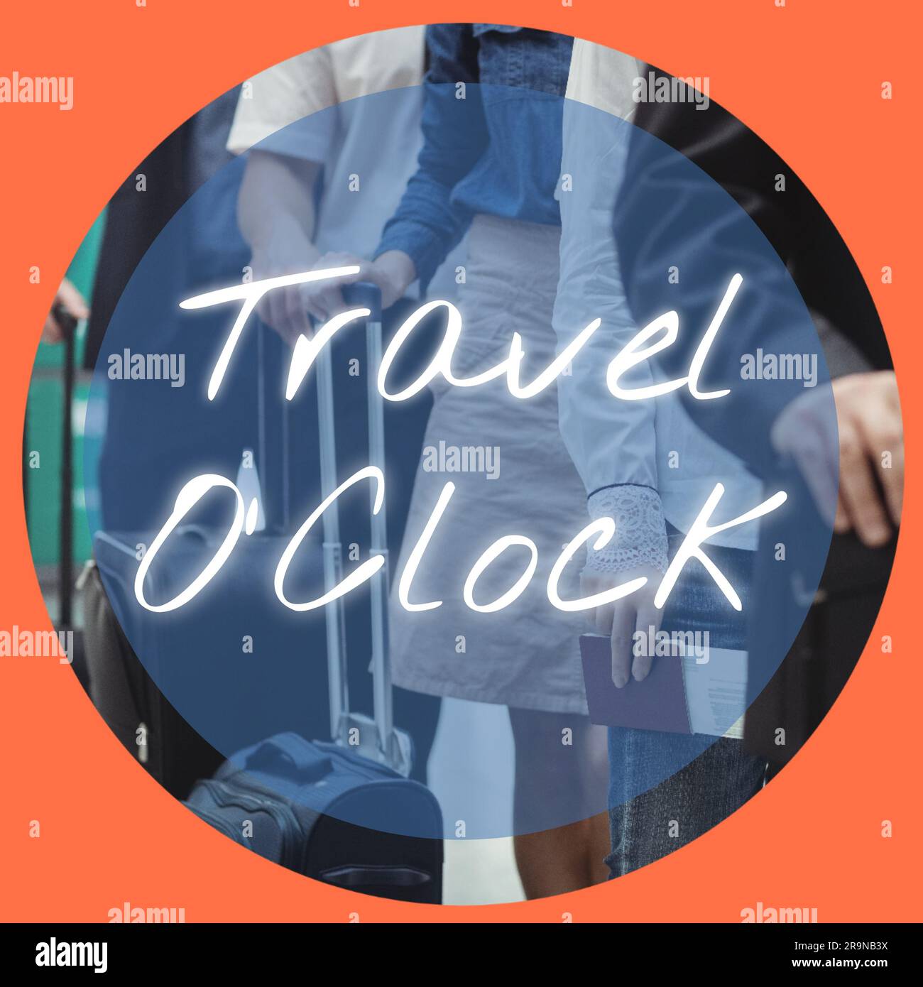 Travel o clock text over circular image of diverse travellers with  suitcases and passports on orange Stock Photo - Alamy