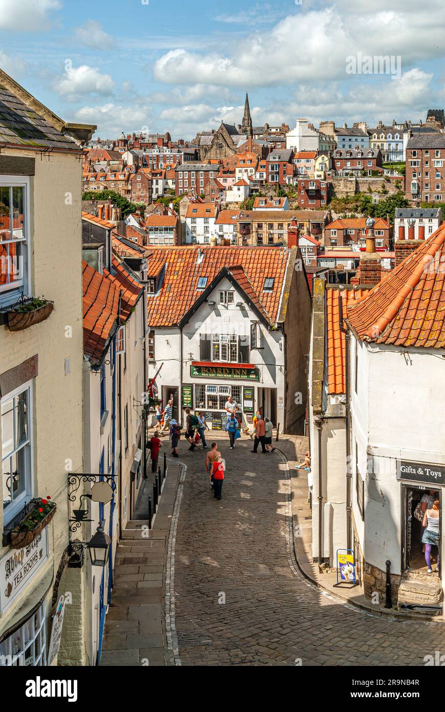 Elevated view over old town of Whitby, North Yorkshire, England, UK Stock Photo
